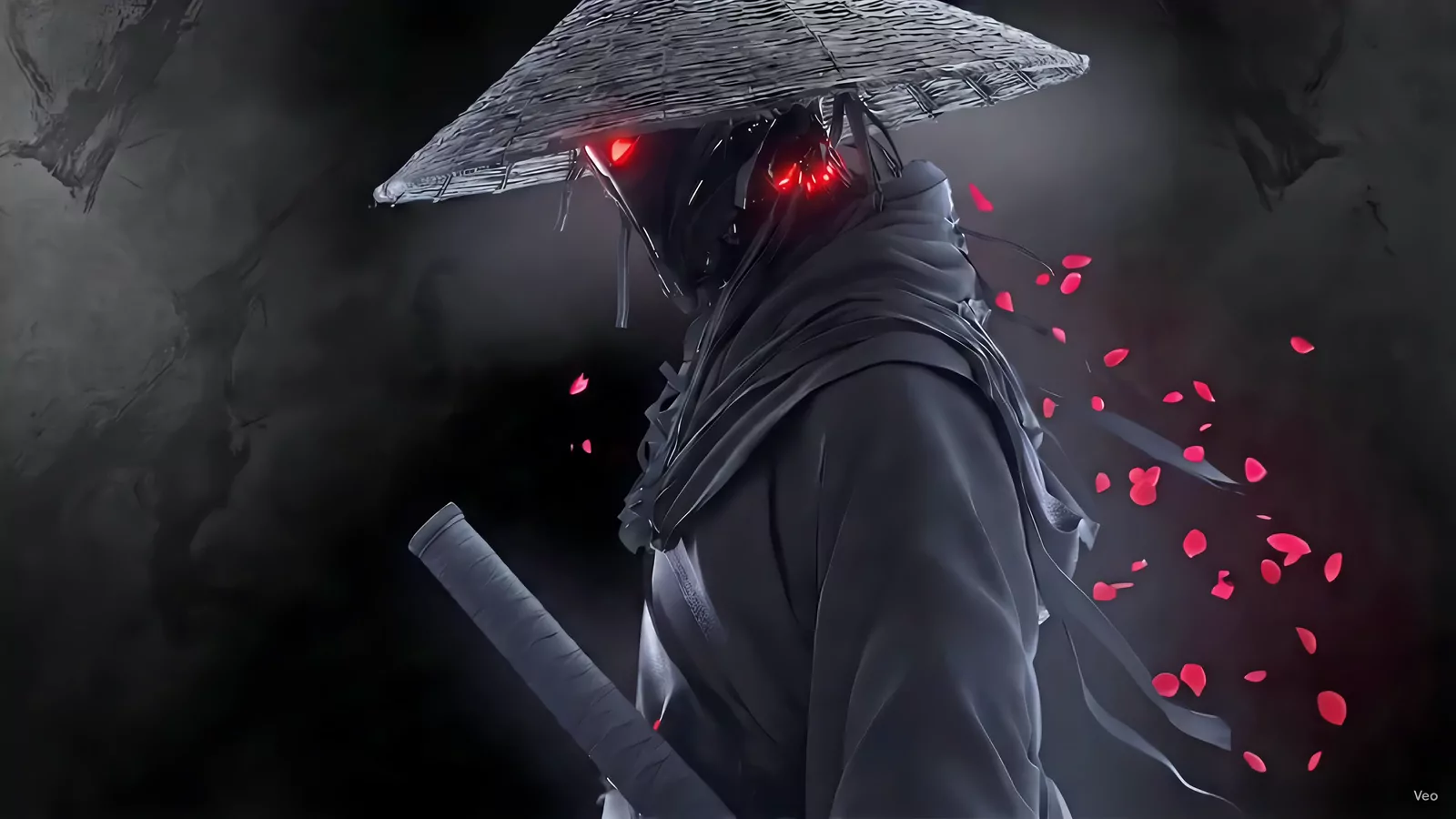 Animated cinematic samurai with glowing red eyes
